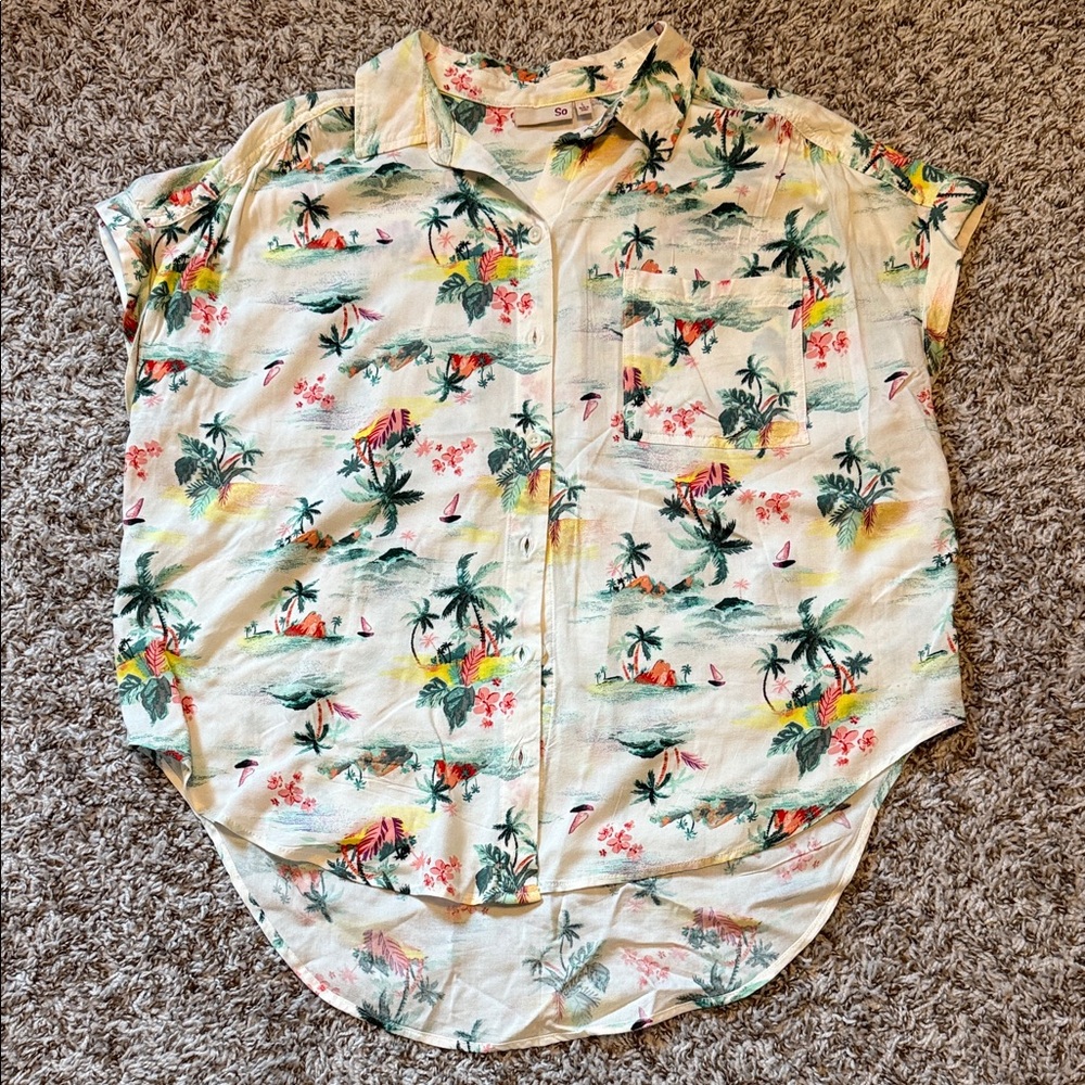 Tropical Print Button-Down Blouse